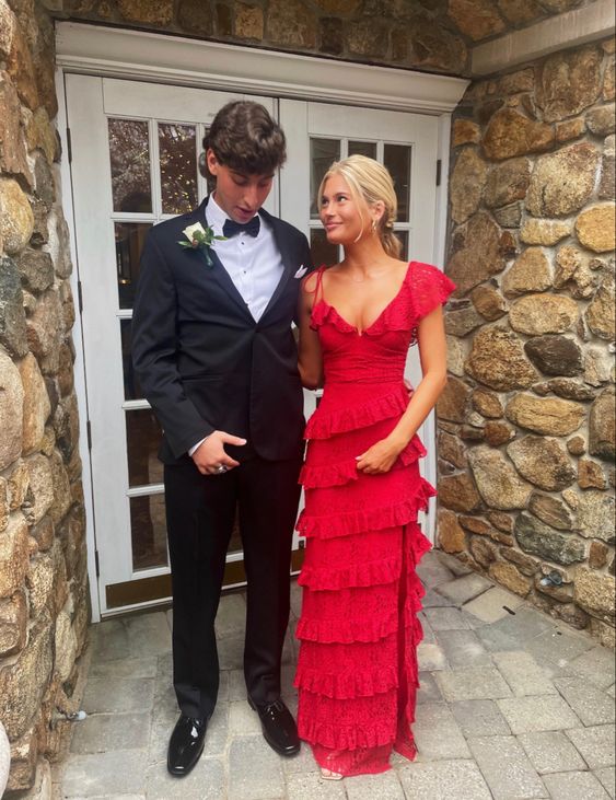 A Line Red Lace Long Classy Prom Dress Main image