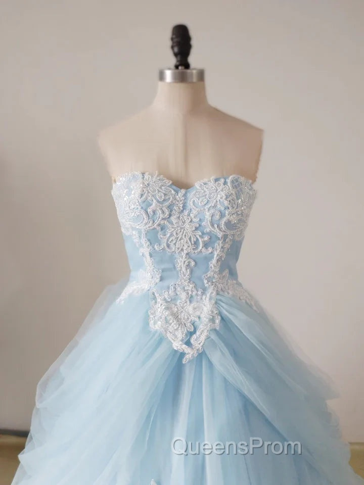 A-Line Lace Sweetheart Neck Blue Long Evening Prom Dress