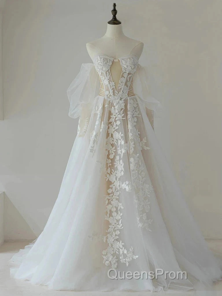 A-Line Lace Tulle Long Evening Prom Dress Bride Gown