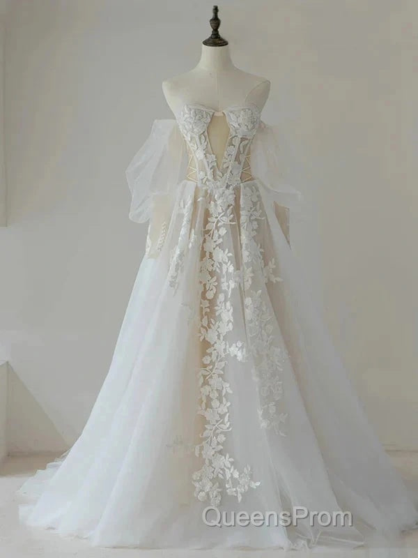 A-Line Lace Tulle Long Evening Prom Dress Bride Gown Wedding Dress Beautiful