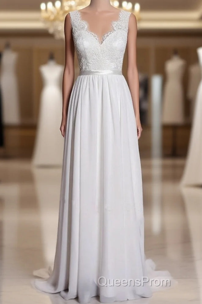 A-Line Lace V-Neck Backless Sheath Long Wedding Dress Main image