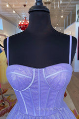 A-Line Lavender Shiny Tulle Evening Prom Dress, Long Spaghetti Strap Evening Dress