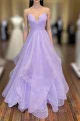 A-Line Lavender Shiny Tulle Evening Prom Dress, Long Spaghetti Strap Evening Dress