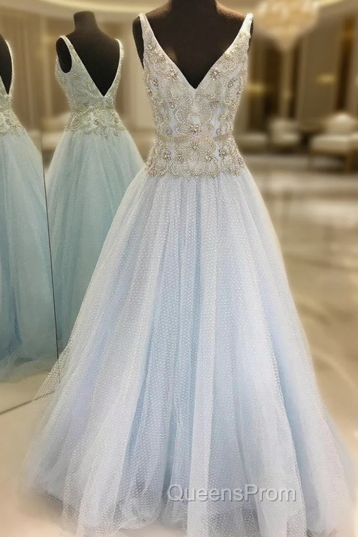 A-Line Light Blue Tulle V-neck Backless With Beading Evening Prom Dress