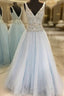 A-Line Light Blue Tulle V-neck Backless With Beading Evening Prom Dress
