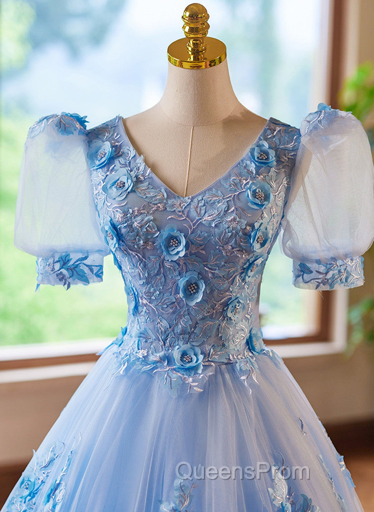 A-Line Light Blue Tulle With Lace Short Sleeves Evening Prom Dress, Tulle Sweet 16 Dress Secondary image