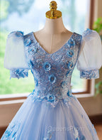 A-Line Light Blue Tulle With Lace Short Sleeves Evening Prom Dress, Tulle Sweet 16 Dress