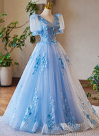 A-Line Light Blue Tulle With Lace Short Sleeves Evening Prom Dress, Tulle Sweet 16 Dress