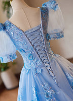 A-Line Light Blue Tulle With Lace Short Sleeves Evening Prom Dress, Tulle Sweet 16 Dress