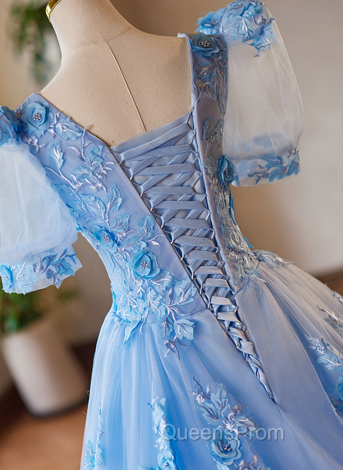A-Line Light Blue Tulle With Lace Short Sleeves Evening Prom Dress, Tulle Sweet 16 Dress