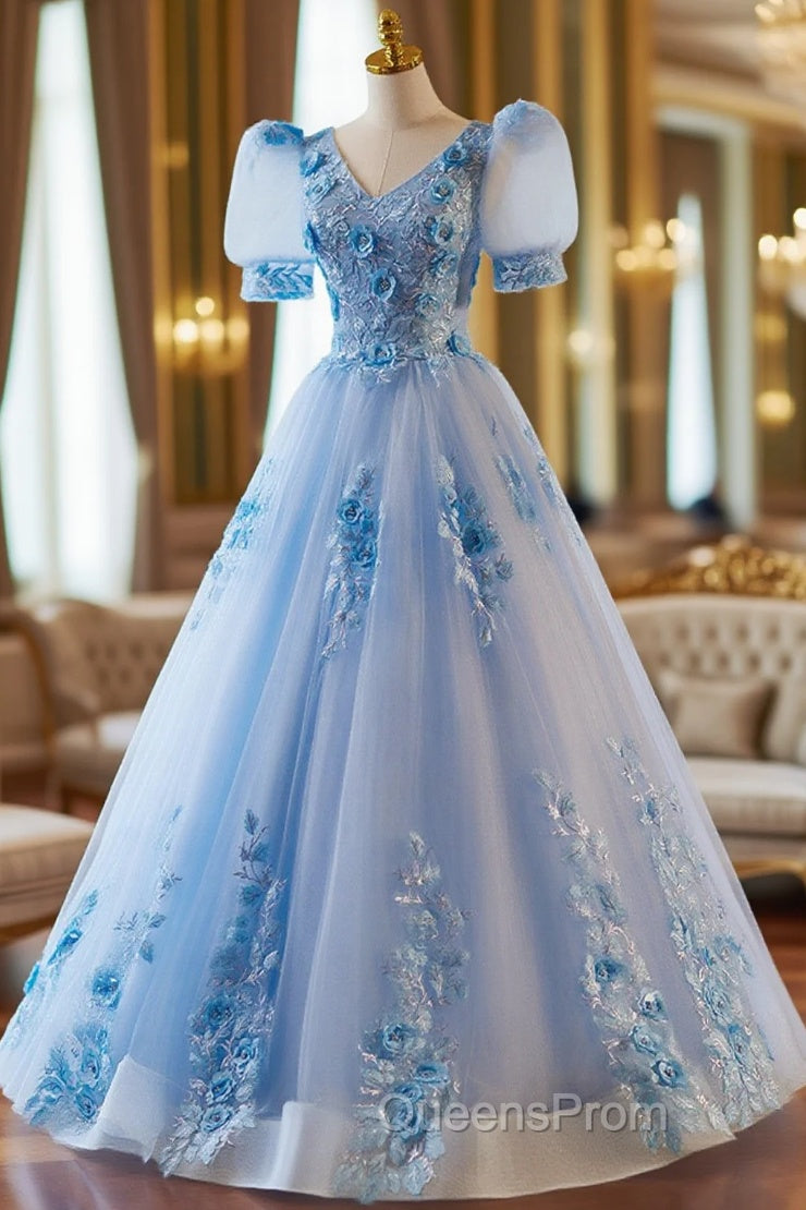 A-Line Light Blue Tulle With Lace Short Sleeves Evening Prom Dress, Tulle Sweet 16 Dress Main image