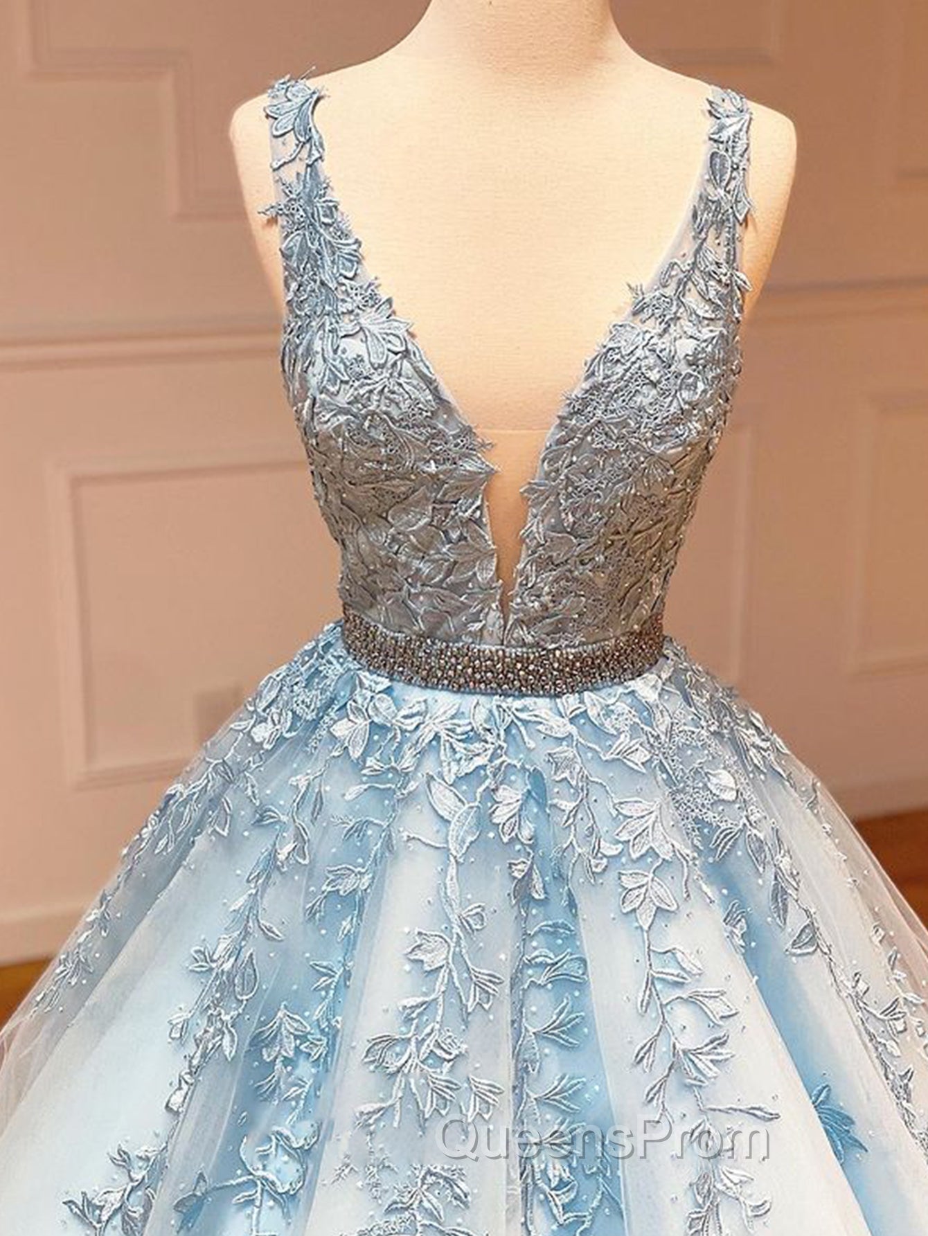 A Line Light Blue V Neck Lace Long Evening Prom Dress Secondary image
