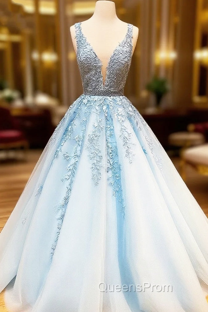 A Line Light Blue V Neck Lace Long Evening Prom Dress Main image