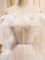 A-Line Light Champagne Long Evening Prom Dress, Light Champagne Lace Evening Dress
