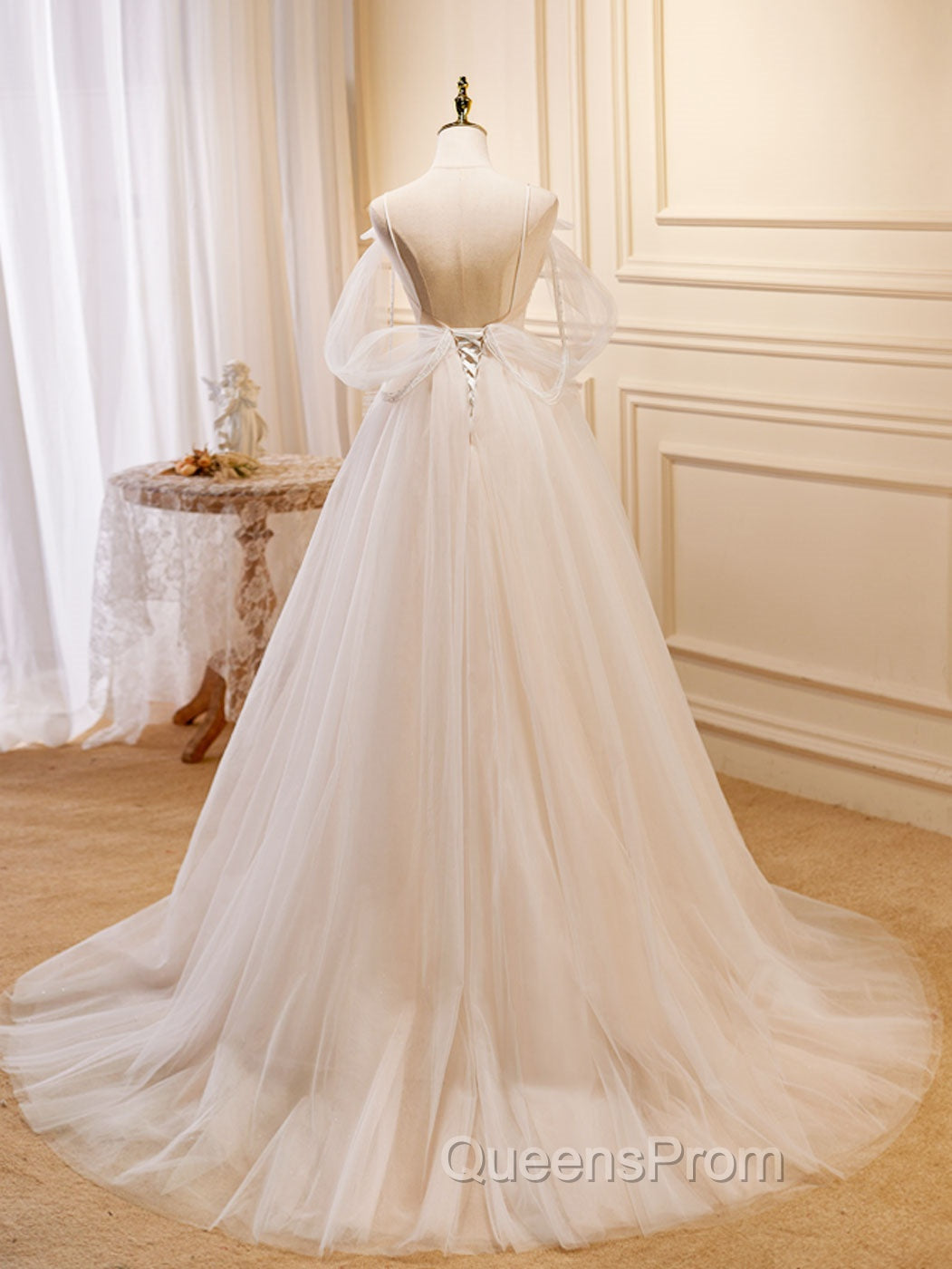 A-Line Light Champagne Long Evening Prom Dress, Light Champagne Lace Evening Dress