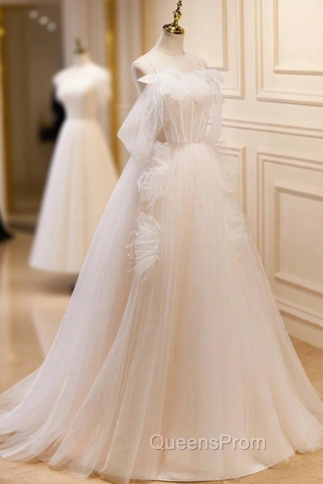 A-Line Light Champagne Long Evening Prom Dress, Light Champagne Lace Evening Dress