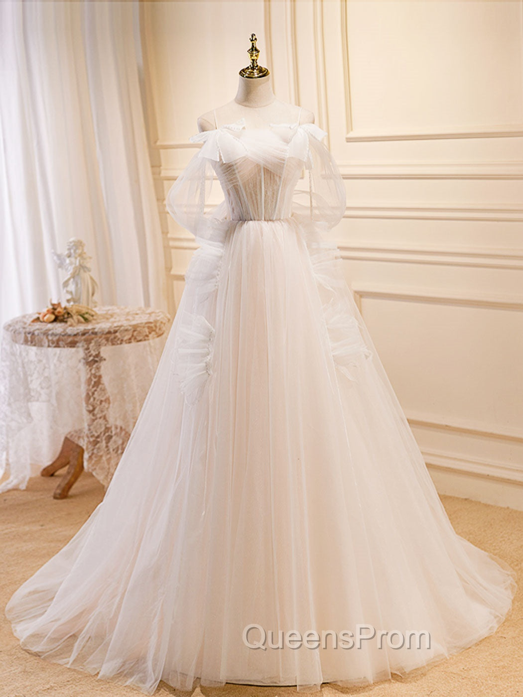 A-Line Light Champagne Long Evening Prom Dress, Light Champagne Lace Evening Dress Main image