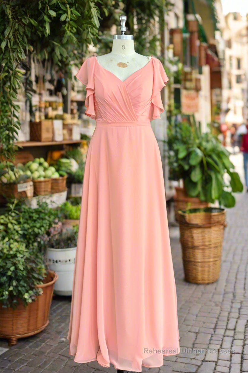 A-Line Light Coral Ruffled Flutter Sleeves Chiffon Bridesmaid Dress Main image
