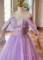 A-Line Light Purple Sweethart Lace Applique Party Dress, Purple Long Evening Prom Dress