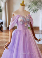 A-Line Light Purple Sweethart Lace Applique Party Dress, Purple Long Evening Prom Dress