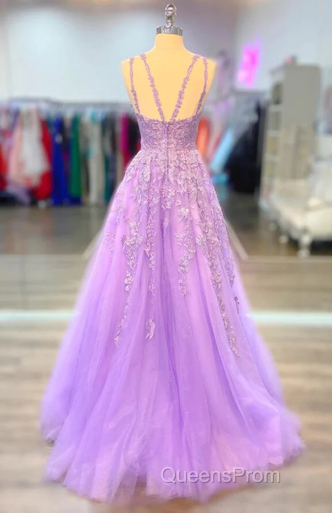 A-Line Lilac Tulle Evening Prom Dress Violet V-Neck Formal Evening Dress Uk Secondary image