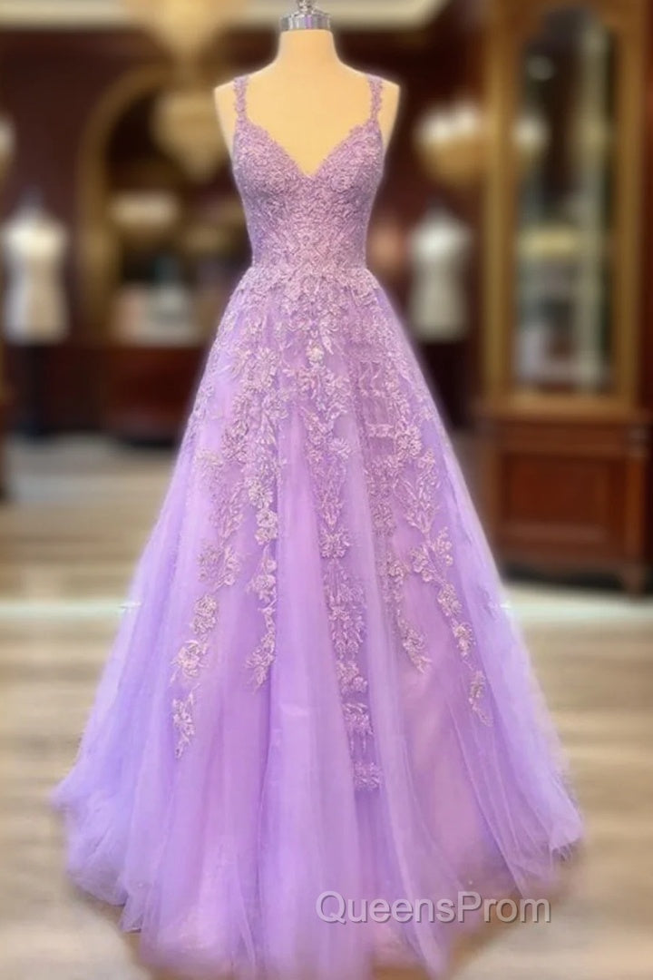 A-Line Lilac Tulle Evening Prom Dress Violet V-Neck Formal Evening Dress Uk Main image