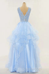 A-Line Long Layers Lace Evening Prom Dress Light Blue Beaded Appliques
