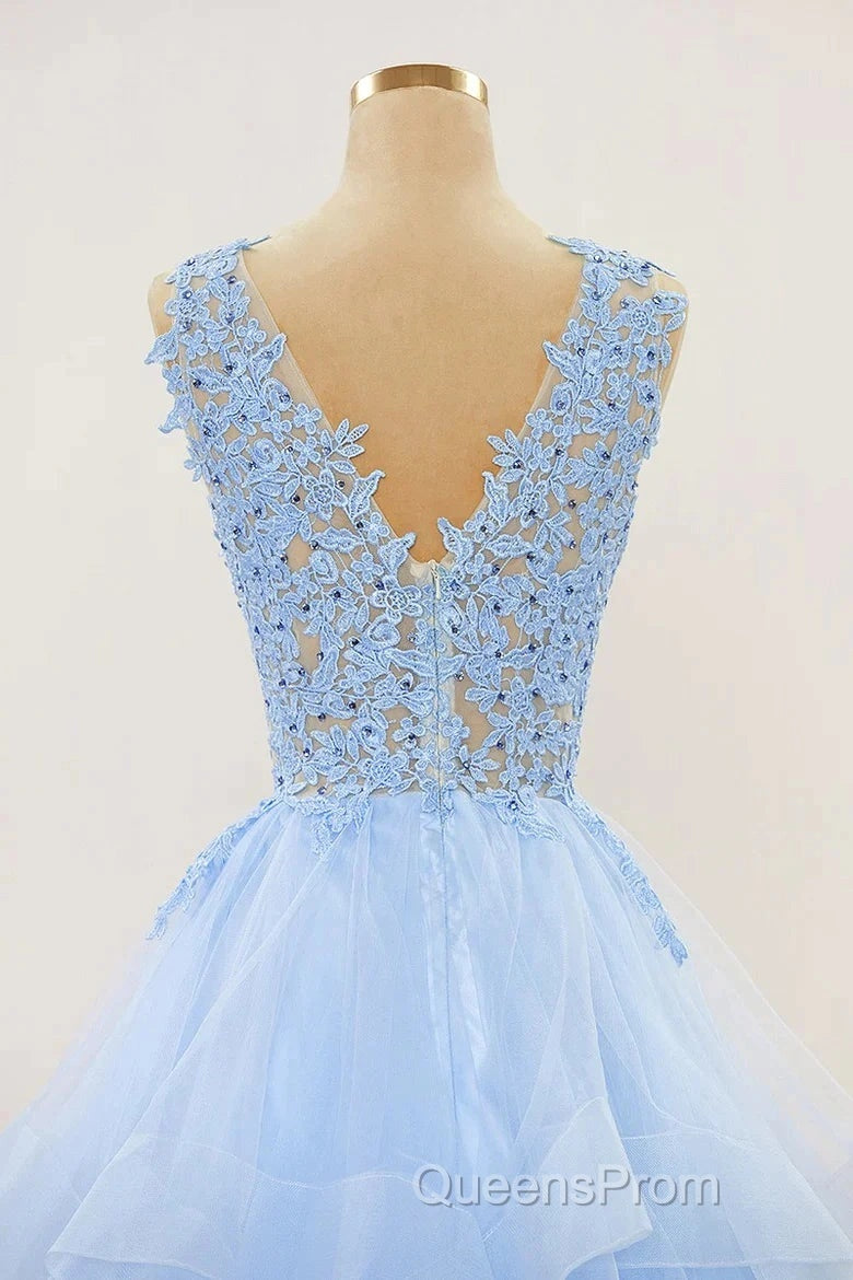 A-Line Long Layers Lace Evening Prom Dress Light Blue Beaded Appliques