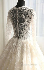 A-Line Long Sleeve Bell Beading Appliques Flower Zipper Keyhole Tulle Lace Dress