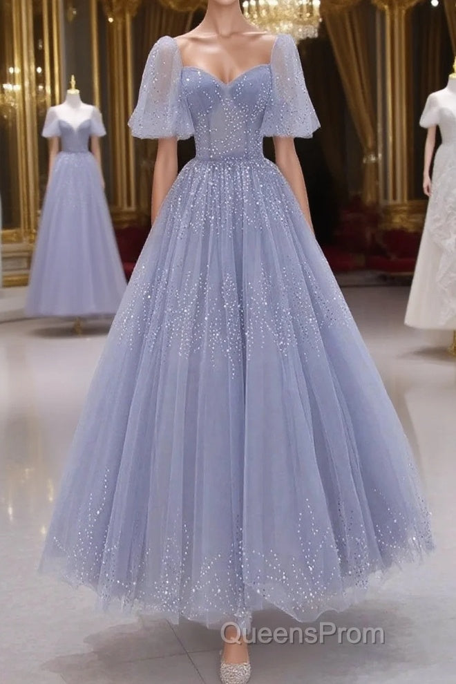 A-Line Long sleeves Beading Gray Blue Long Evening Prom Dress, Gray Blue Formal Dress Main image