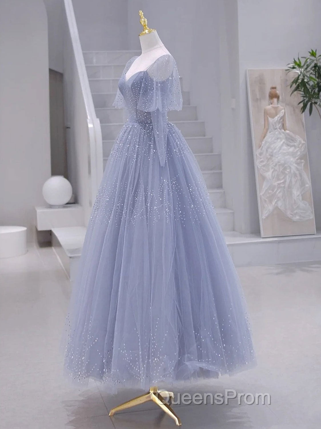 A-Line Long sleeves Beading Gray Blue Long Evening Prom Dress, Gray Blue Formal Dress Secondary image