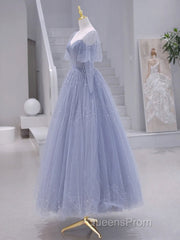 A-Line Long sleeves Beading Gray Blue Long Evening Prom Dress, Gray Blue Formal Dress