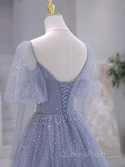A-Line Long sleeves Beading Gray Blue Long Evening Prom Dress, Gray Blue Formal Dress