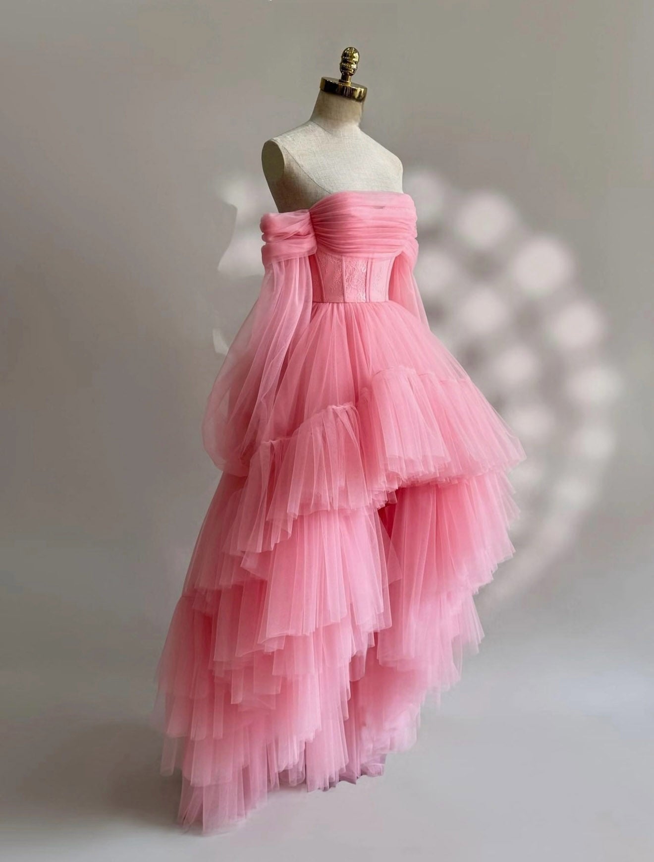 A-Line Long Sleeves High Low Tulle Lace Pink Classy Prom Dress Secondary image