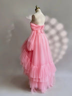 A-Line Long Sleeves High Low Tulle Lace Pink Classy Prom Dress