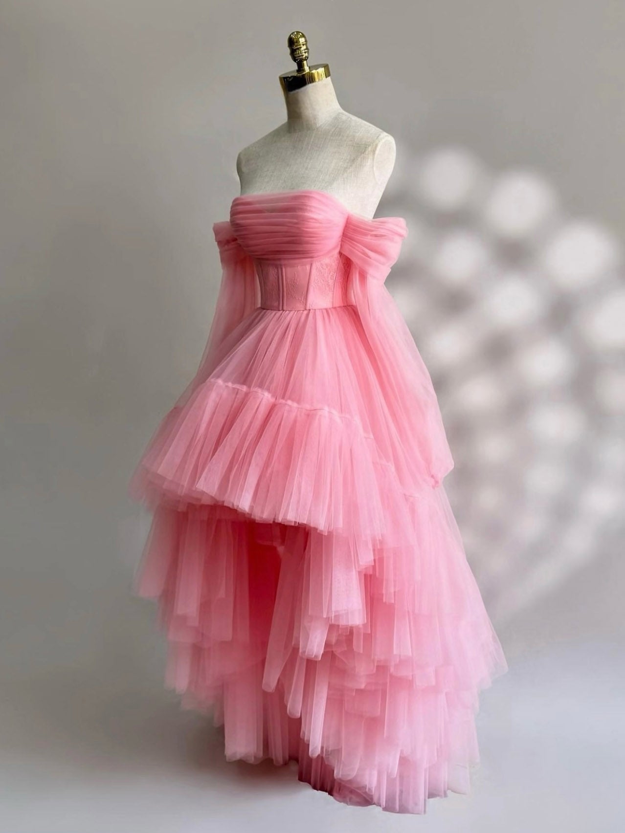 A-Line Long Sleeves High Low Tulle Lace Pink Classy Prom Dress