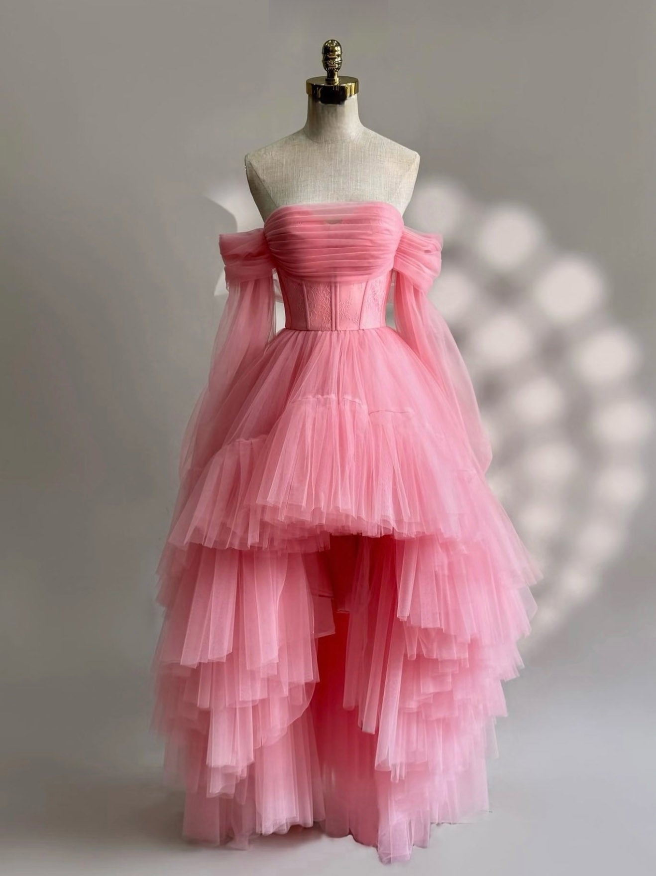 A-Line Long Sleeves High Low Tulle Lace Pink Classy Prom Dress Main image