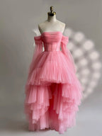 A-Line Long Sleeves High Low Tulle Lace Pink Classy Prom Dress