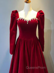 A Line Long Sleeves Red Velvet Evening Prom Dress