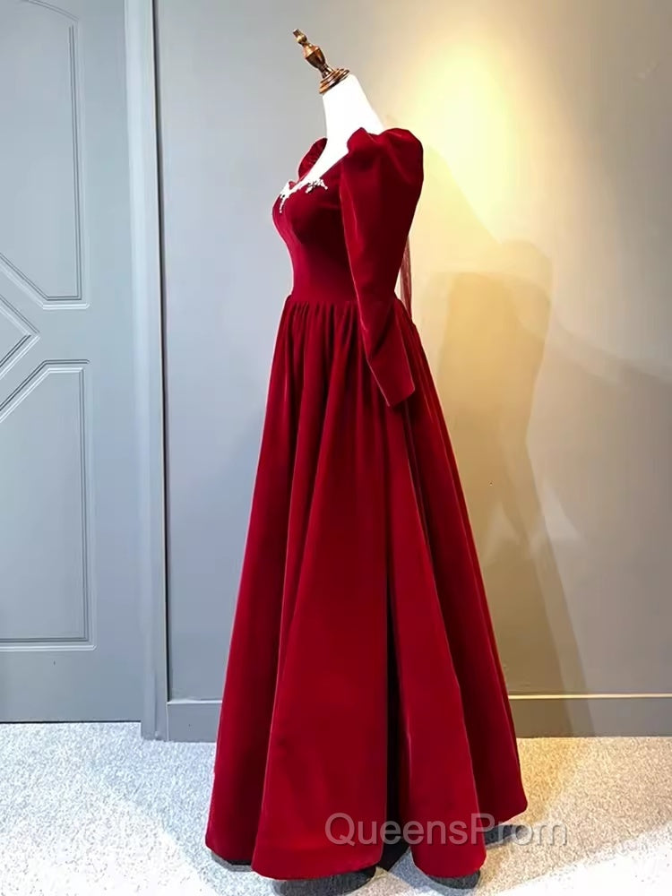 A Line Long Sleeves Red Velvet Evening Prom Dress