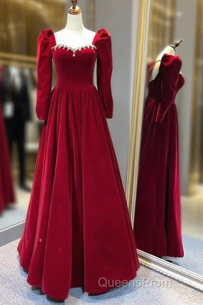 A Line Long Sleeves Red Velvet Evening Prom Dress Main image