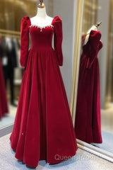 A Line Long Sleeves Red Velvet Evening Prom Dress