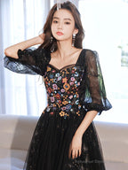 A-Line long sleeves Tulle Lace Black Long Prom Dress, Black Lace Long Formal Dress