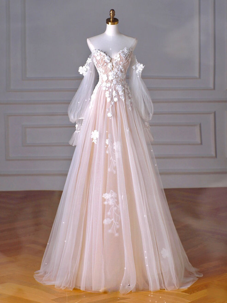 A-Line Long Sleeves Tulle Lace Champagne Long Classy Prom Dress, Champagne Long Classy Dress Main image