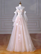 A-Line Long Sleeves Tulle Lace Champagne Long Classy Prom Dress, Champagne Long Classy Dress