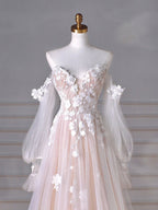A-Line Long Sleeves Tulle Lace Champagne Long Classy Prom Dress, Champagne Long Classy Dress