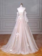A-Line Long Sleeves Tulle Lace Champagne Long Classy Prom Dress, Champagne Long Classy Dress