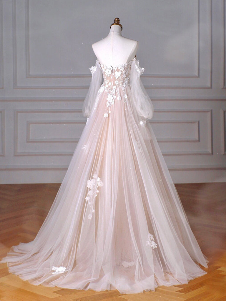 A-Line Long Sleeves Tulle Lace Champagne Long Classy Prom Dress, Champagne Long Classy Dress