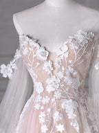 A-Line Long Sleeves Tulle Lace Champagne Long Classy Prom Dress, Champagne Long Classy Dress