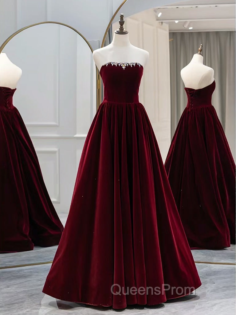 A-Line Long Sleeves Velvet Burgundy Long Evening Prom Dress, Burgundy Long Evening Dress with Beads Secondary image